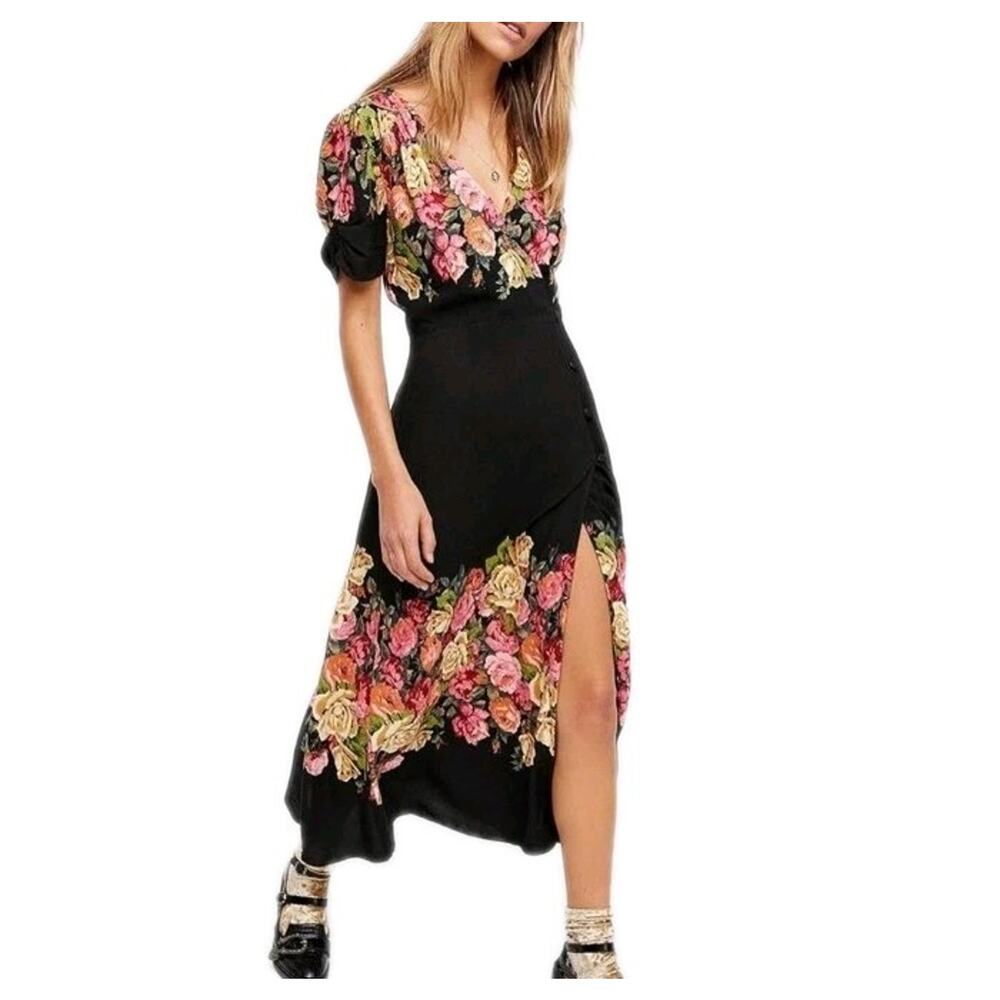 Free‎ People Jaimie Romantic Midi Dress Black Combo Floral Boho Size XS